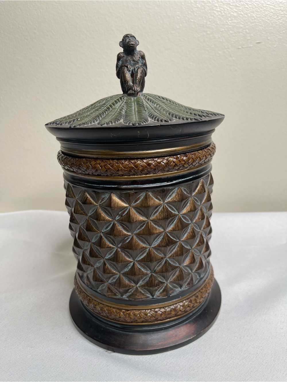 Decorative Brown & Green Monkey-Top Storage Jar